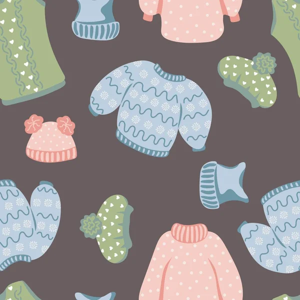 Seamless Pattern Knitted Warm Clothes Sweaters Hats Dark Background — Stockový vektor