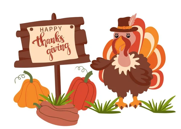 Днем Подяки Cute Thanksgiving Turkey Bird Cartoon Character Стоячи Біля — стоковий вектор