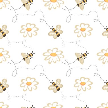 Bal arıları ve papatyalarla kusursuz desen