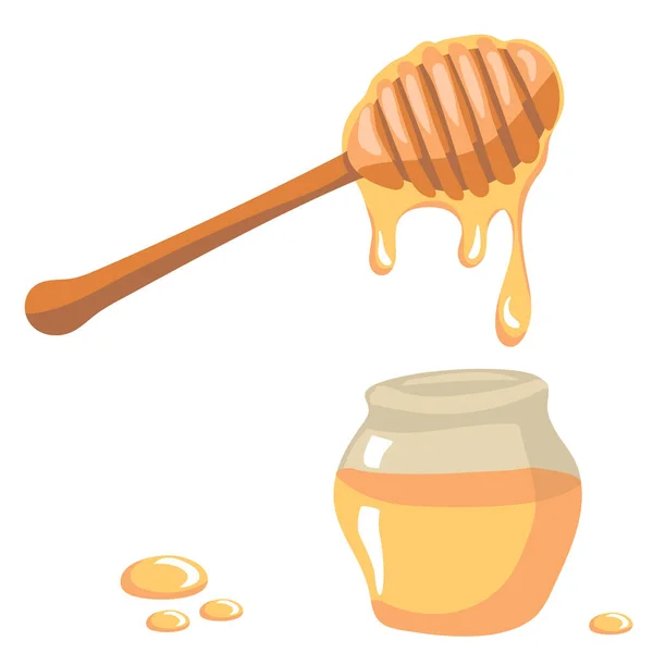 Frischer Honig Honig Tropft Aus Einem Hölzernen Honigwagen Auf Glas — Stockvektor
