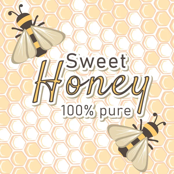 Zoete Pure Honing Honingbannersjabloon Met Bijen Honingraten — Stockvector