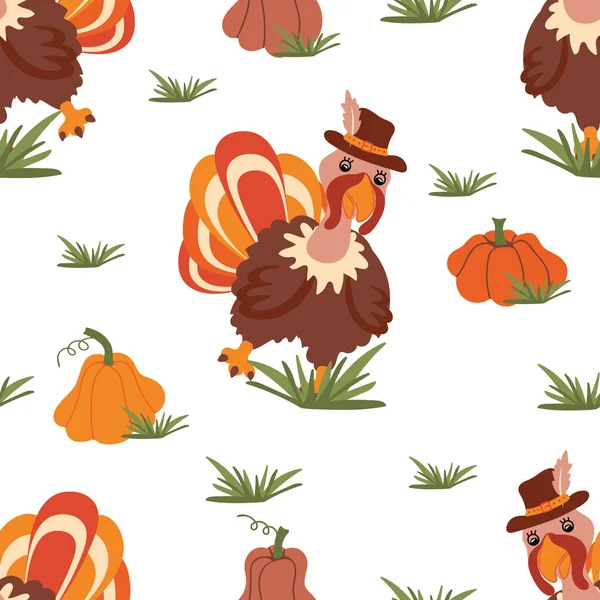 Seamless Pattern Turkey Pumpkins — Stock Vector