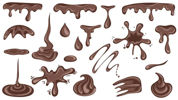 Sada Čokoládových Kapek Skvrn Roztavené Čokoládové Skvrny Bílém Pozadí — Stockový vektor