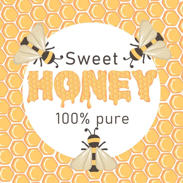 Zoete Pure Honing Honingbannersjabloon Met Bijen Honingraten — Stockvector