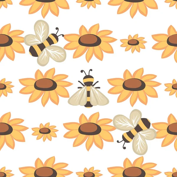 Modèle Vectoriel Sans Couture Floral Avec Tournesols Abeilles — Image vectorielle