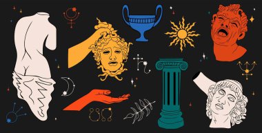 Antik Yunan heykel mistik seti. Moda tarzında antik klasik heykellerin illüstrasyonlarını çizen vektör el