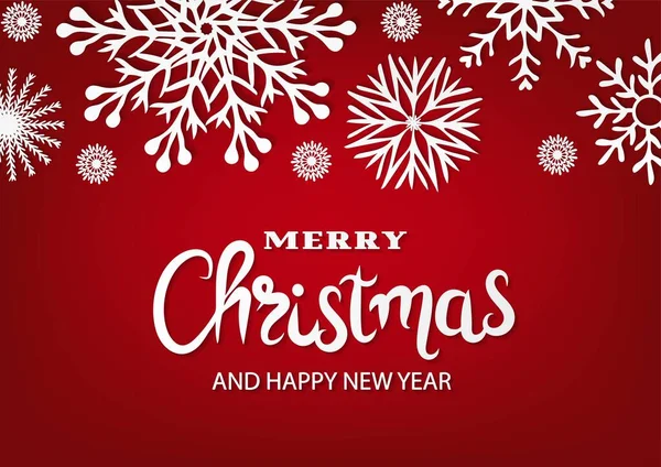 Веселого Різдва Щасливого Нового Року Текст Червоному Тлі Паперовими Сніжинками — стоковий вектор