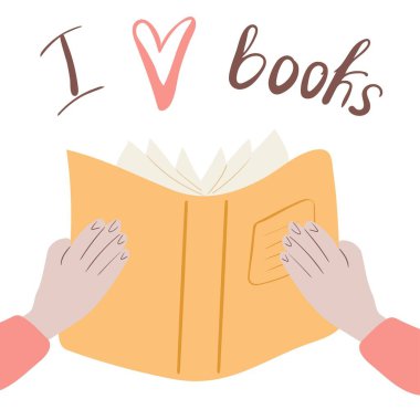 Kitaplara bayılırım. Kitabı açık tutan eller beyaz arkaplanda izole edilmiş