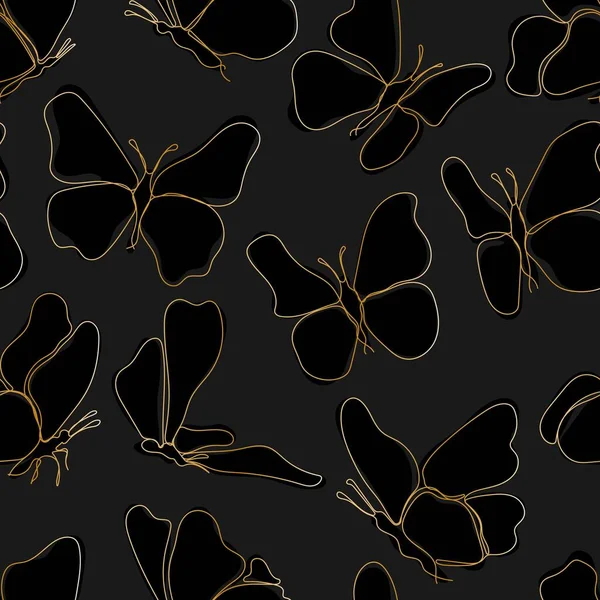 Seamless Pattern Golden Flying Butterflies Dark Background — Image vectorielle
