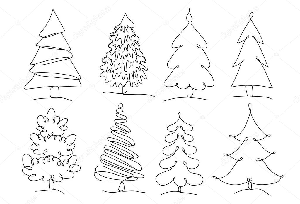 Christmas trees one line art illustration
