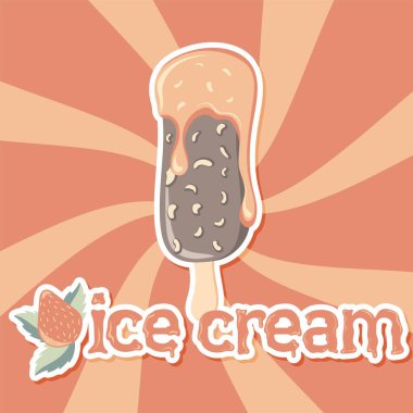 Strawberry Ice cream sticker on swirl retro background