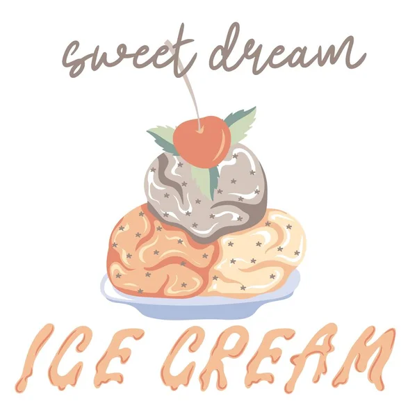 Sweet Dream Ice Cream Hand Drawn Three Scoop Ice Cream — Stok Vektör