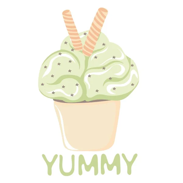 Yummy Hand Drawn Three Scoop Pistachio Ice Cream Cup — Stok Vektör