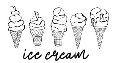Collection of outline ice cream in wafer cone isolated on white background