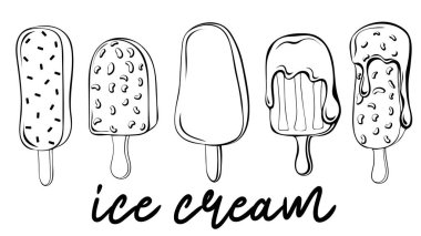 Collection of outline ice cream with chocolate syrup isolated on white background