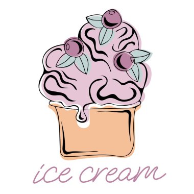 Outline blueberry ice cream in a cup isolated on white background