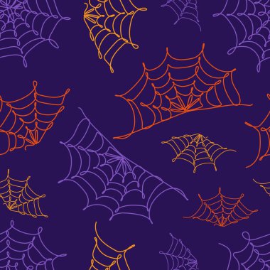 Seamless pattern with spider webs. Continuous one line drawing vector illustration