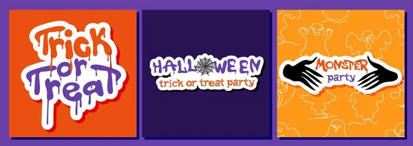 Set Halloween Square Posters Greeting Cards Ghosts Spider Webs — Vector de stock