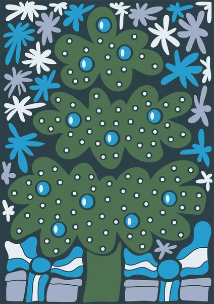 Abstract Retro Poster Christmas Tree Gift Boxes Snowflakes Naive Style — Stock vektor