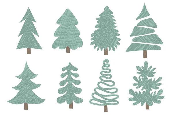 Collection Hand Drawn Christmas Trees Illustration — 图库矢量图片