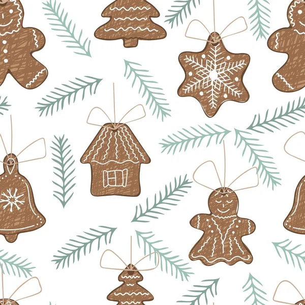 Seamless Pattern Hand Drawn Gingerbreads Branches Christmas Tree — Stockový vektor
