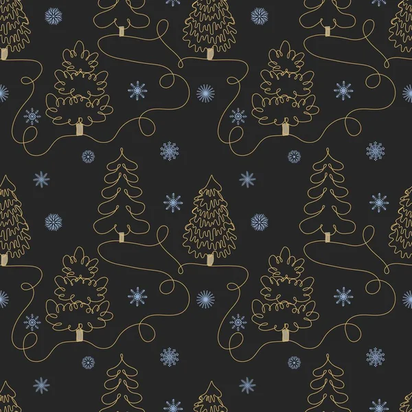 Winter Seamless Pattern Christmas Trees Snowflakes Black Background — 图库矢量图片