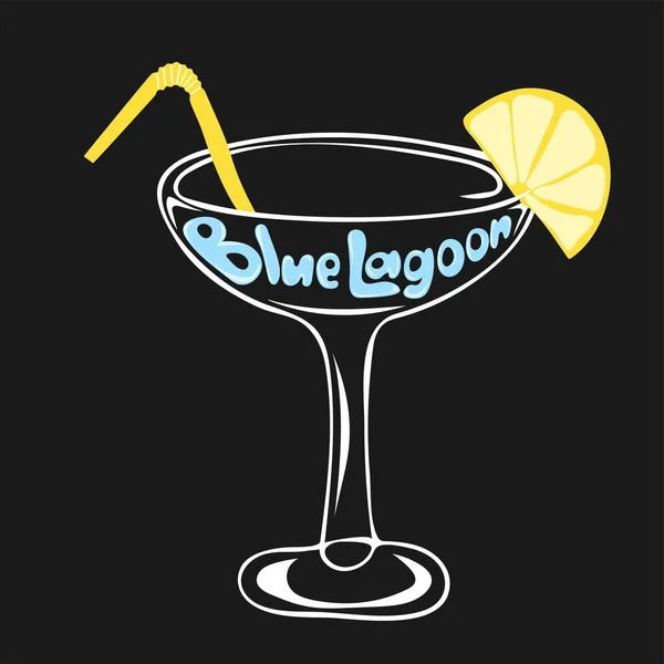 Verre Dessiné Main Cocktail Lagon Bleu Avec Morceau Citron Texte — Image vectorielle