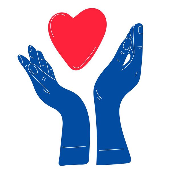 Cartoon human hands holding  heart, isolated on white background