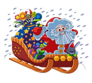 Yeni yıl kartı. Noel Baba kızakta. Peder Frost.