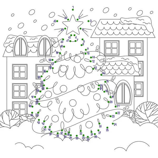 Children Educational Game Connect Dots Coloring Decorated Fir Tree Garlands — стоковый вектор