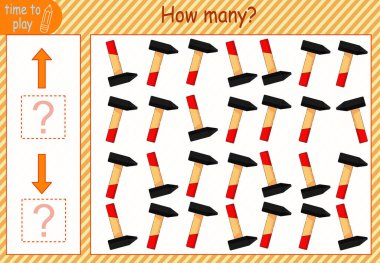 Çocuk eğitim oyunu, görevler. Objenin hangi yöne baktığını say. İnşaat aletleri. Testere, tornavida, pense, anahtar, çekiç, balta..