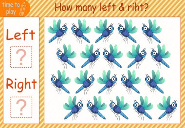 Çocuk eğitim oyunu, görevler. Böceklerin hangi yöne baktığını say. Eşek arısı, çekirge, yusufçuk, örümcek, kelebek, karınca..