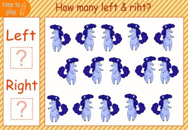 Çocuk eğitim oyunu, görevler. Kaç tane hayvanın sağa ve sola baktığını say. Hayvanları. Aslan, inek, keçi, at, eşek, kedi.