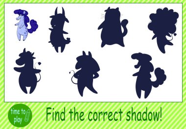 Çocuk eğitim oyunu, görevler. Doğru gölgeyi bul. Hayvanları. Aslan, inek, keçi, at, eşek, kedi.