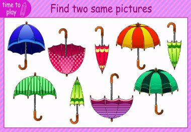 Çocukların eğitici oyunu. Mantık problemi. Birbirinin aynı iki şemsiye bul. Matematik. şemsiye.
