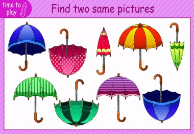 Çocukların eğitici oyunu. Mantık problemi. Birbirinin aynı iki şemsiye bul. Matematik. şemsiye.