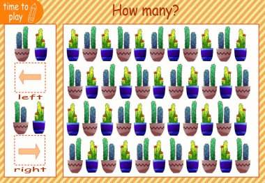 Çocukların eğitici oyunu. Bir mantık oyunu. Kaç resim yukarı, kaç resim aşağı bakıyor. Kaktüs. Bitki. Yeşillik. çiçek.
