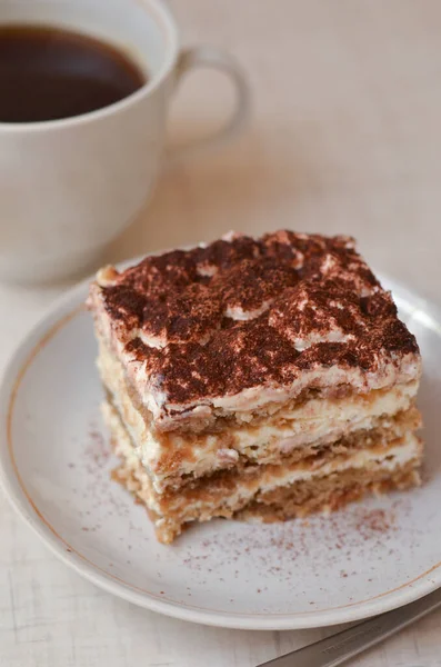 Piece Chocolate Cake Cream Cocoa White Plate — Stock Photo, Image