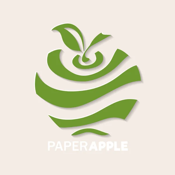 Apple icon in paper cut style. Green apple fruit cutted into pieces. Abstract modern web icon or logo with a text on light background.