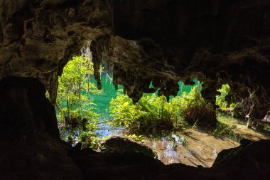Santo Domingo 'da üç göz mağarası, Los Tres Ojos Ulusal Parkı, Dominik Cumhuriyeti. Kireçtaşı mağarasının manzarası, güzel göl ve tropikal bitkiler, doğa manzarası, dış seyahat arka planı.