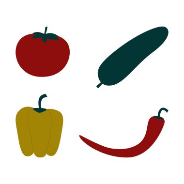 Taze sebze seti - dolmalık biber, acı biber, salatalık, domates. Beyaz bir arkaplanda izole edilmiş düz bir çizgi film tarzında çizim.