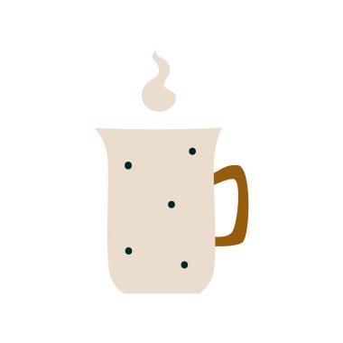 Sıcak bir içecekle seramik puantiyeli bardak. Çay ya da dumanlı kahve ya da buharlı porselen bir bardak. Elle çizilmiş düz bir çizgi filmdeki vektör çizimi. Beyaz bir arkaplanda izole edilmiş.