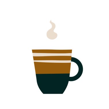 Seramik çizgili bardak ve sıcak bir içecek. Çay ya da dumanlı kahve ya da buharlı porselen bir bardak. Elle çizilmiş düz bir çizgi filmdeki vektör çizimi. Beyaz bir arkaplanda izole edilmiş.