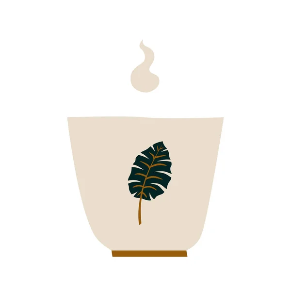 Керамічний Кухоль Зображенням Листа Гарячим Напоєм Порцелянова Чашка Чаєм Або — стоковий вектор