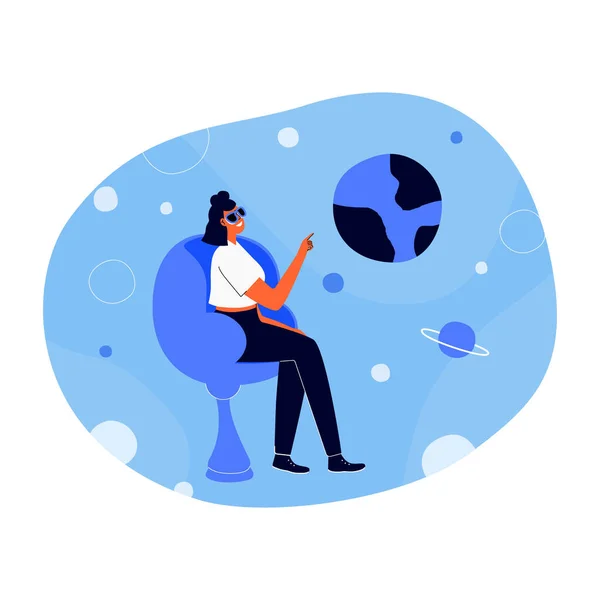 Une femme a utilisé des lunettes de réalité virtuelle en ligne dans une métaverse profonde. Le méta-univers. Illustration vectorielle, concept, isolé sur fond blanc. — Image vectorielle