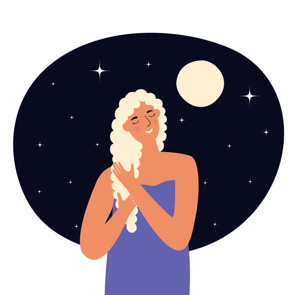 Illustration moderne d'une belle femme aux cheveux blonds contre le ciel nocturne. Une femme heureuse prend soin d'elle-même, beauté différente. Illustration vectorielle en style dessin animé à plat sur fond blanc — Image vectorielle