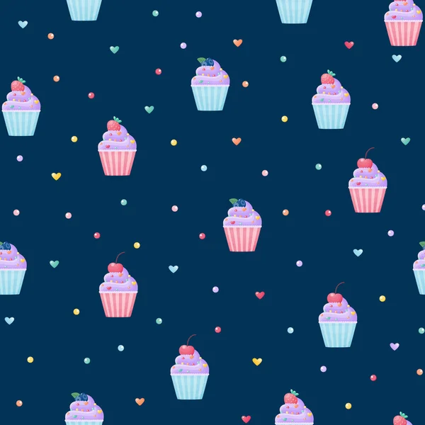 Nahtloses Cupcake-Muster mit Erdbeeren Kirschen Blaubeeren auf blauem Hintergrund. Cupcake in einem flachen Cartoon niedlichen Stil. Vektorillustration. — Stockvektor