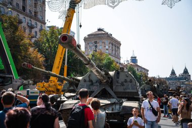 KYIV, UKRAINE - August 21, 2022: Parade before Independent Day of Ukraine with Close up of destroyed military equipment of the russian invaders in the center of the Kyiv.