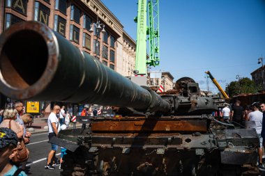 KYIV, UKRAINE - August 21, 2022: Parade before Independent Day of Ukraine with Close up of destroyed military equipment of the russian invaders in the center of the Kyiv.
