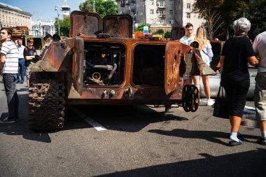KYIV, UKRAINE - August 21, 2022: Parade before Independent Day of Ukraine with Close up of destroyed military equipment of the russian invaders in the center of the Kyiv.